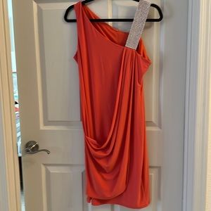 Coral evening dress with rhinestone shoulder